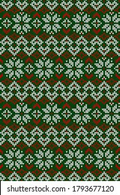 Ugly sweater Merry Christmas party ornament. Vector illustration Handmade knitted background seamless pattern with christmas tree, snowflake, scandinavian ornament. White, red colored knitting