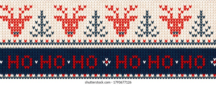 Ugly sweater Merry Christmas party ornament. Vector illustration Handmade knitted background seamless pattern with deer, christmas tree, snowflake, scandinavian ornament. White,blue colored knitting