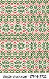 Ugly sweater Merry Christmas party ornament. Vector illustration Handmade knitted background seamless pattern with christmas tree, snowflake, scandinavian ornament. White, red colored knitting