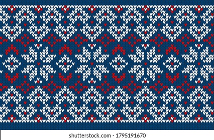 Ugly sweater Merry Christmas party ornament. Vector illustration Handmade knitted background seamless pattern with christmas tree, snowflake, scandinavian ornament. White, red colored knitting