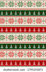 Ugly sweater Merry Christmas party ornament. Vector illustration Handmade knitted background seamless pattern with christmas tree, snowflake, scandinavian ornament. White, red green colored knitting