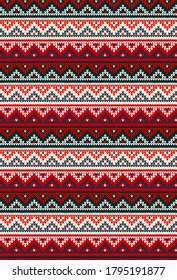 Ugly sweater Merry Christmas party ornament. Vector illustration Handmade knitted background seamless pattern with christmas tree, snowflake, scandinavian ornament. White, red, blue colored knitting