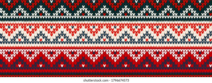 Ugly sweater Merry Christmas party ornament. Vector illustration Handmade knitted background seamless pattern with christmas tree, snowflake, scandinavian ornament. White, red, blue colored knitting