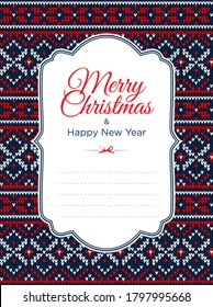 Ugly sweater Merry Christmas party ornamental invitation. Vector illustration Handmade knitted background pattern with snowflake, scandinavian ornament. White, blue, red colored knitting