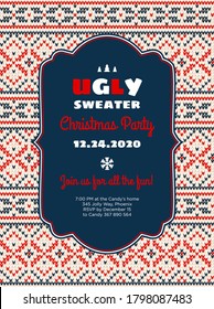 Ugly sweater Merry Christmas party ornamental invitation. Vector illustration Handmade knitted background pattern with snowflake, scandinavian ornament. White, blue, red colored knitting