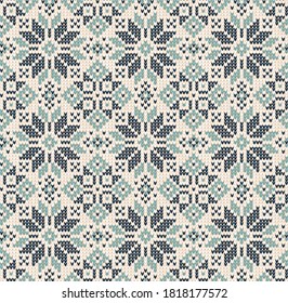 Ugly sweater Merry Christmas party ornament. Vector illustration knitted background seamless pattern christmas ornamental scandinavian style. White, blue colored knitting