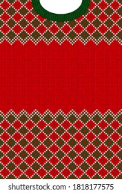 Ugly sweater Merry Christmas party ornament. Vector illustration seamless knitted background frame border pattern christmas ornamental border, scandinavian style. White, green, red colored knitting