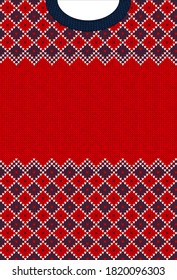 Ugly sweater Merry Christmas party ornament. Vector illustration seamless knitted background frame border pattern christmas ornamental border, scandinavian style. White, blue, red colored knitting
