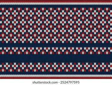 Ugly sweater Merry Christmas party ornament. Vector illustration Handmade seamless knitted background frame border pattern christmas ornamental border, scandinavian style. White, blue, red knitting.