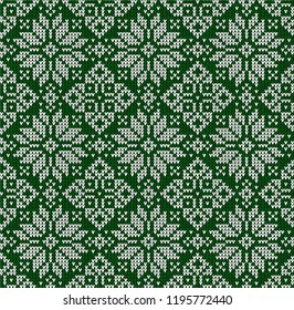 Ugly sweater Merry Christmas Season Winter seamless background . Vector illustration seamless knitted pattern with snowflakes, stars, scandinavian ornaments. White, green colors