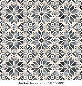 Ugly sweater Merry Christmas Season Winter seamless background . Vector illustration seamless knitted pattern with snowflakes, stars, scandinavian ornaments. White, blue colors