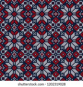 Ugly sweater Merry Christmas Season Winter seamless background . Vector illustration seamless knitted pattern with snowflakes, stars, scandinavian ornaments. White, red, blue colors