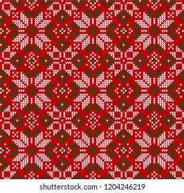 Ugly sweater Merry Christmas Season Winter seamless background . Vector illustration seamless knitted pattern with snowflakes, stars, scandinavian ornaments. White, red, green colors