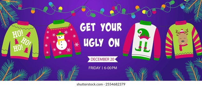 Ugly sweater party banner, background or invitation with hanging lights string and different sweaters. Christmas holiday decoration. Layout template. Get your ugly on text.