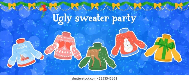 ugly sweater party banner. Christmas winter sweaters with different ridiculos design, DIY vibe.