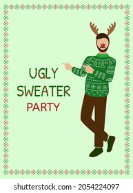 Ugly sweater party. Christmas concept. Happy man in sweater clothes. Vector invitation illustration.