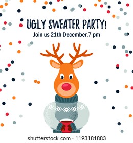 Ugly sweater party design / cad / invitation with a cute deer. Space for text