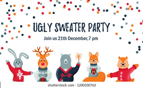 Ugly sweater party design / card / invitation with cute animals. Space for text