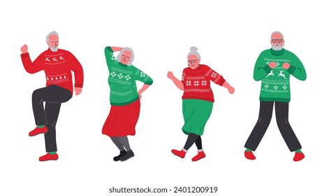 Ugly Sweater Party. Happy senior people in red and green Christmas sweaters are dancing. Active seniors. Holiday vector illustration