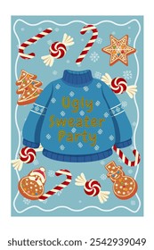 Ugly Sweater Party illustration with Christmas cookies, candy canes, and snowflakes on a blue background. Winter holiday invitation design.