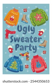 Ugly Sweater Party illustration with Christmas themed sweaters, scarves, mittens, ice skates, and snowflakes on blue background. Winter holiday invitation design.