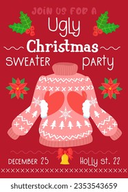 ugly sweater party invitation. Christmas winter sweaters with different ridiculos design, DIY vibe.