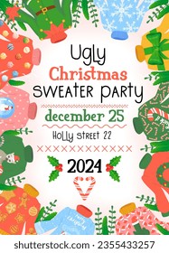 ugly sweater party invitation. Christmas winter sweaters with different ridiculos design, DIY vibe.