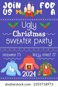 ugly sweater party invitation. Christmas winter sweaters with different ridiculos design, DIY vibe.