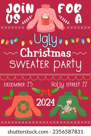 ugly sweater party invitation. Christmas winter sweaters with different ridiculous design, DIY vibe. Stock vector illustration isolated on white background in flat hand drawn style.