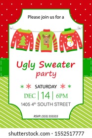 Ugly sweater party invitation with hanging funny jumpers and pullovers. Christmas holiday decoration. Layout template