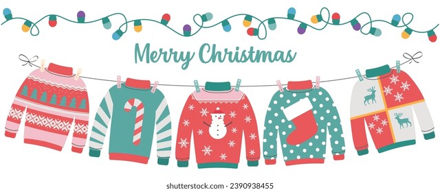 Ugly sweater party invitation with hanging funny jumpers and pullovers. Christmas holiday decoration. Layout template