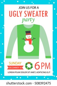 Ugly sweater party invitation with snowman, vector illustration. Layout template