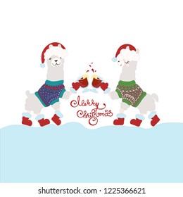 Ugly Sweater Party Invitation template. Happy lamas drinking mulled wine 