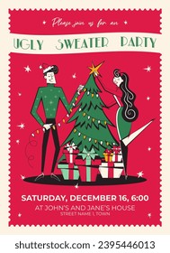 Ugly sweater party invitation. Trendy retro 60s - 70s style Christmas party poster.  Vector illustration of couple in sweaters decorating Christmas tree. 