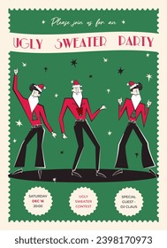 Ugly sweater party invitation. Trendy retro 60s - 70s style Christmas party poster.  Vector illustration with dancing Santas in ugly sweaters. 