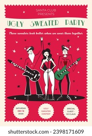 Ugly sweater party invitation. Trendy retro 60s - 70s style Christmas party poster.  Vector illustration with musical band in ugly sweaters. 