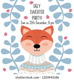 Ugly Sweater Party invitation vector template. Fox with plants, berries.