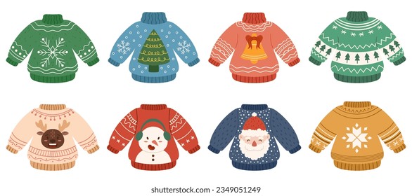 Una fiesta de suéter fea. Feliz colección navideña con chismes divertidos. Gran juego con el pullover de las festividades flautas dibujadas a mano - reno, muñeco de nieve y Santa Claus, árbol de Navidad, patrón de punto.