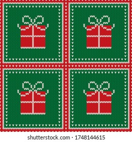 Diseño del patrón de la fiesta sudadera fea. Cajas de regalo envueltas. Fondo de textura del cordón de lana sin foco de Navidad