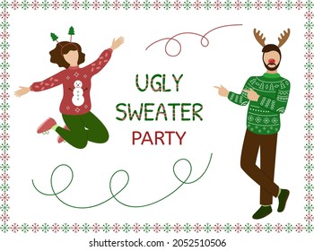 Ugly sweater party. People have fun. Happy woman and man persons in sweater clothes. Vector illustration