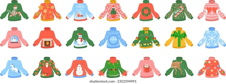 ugly sweater party set. Christmas winter sweaters with different ridiculos design, DIY vibe.