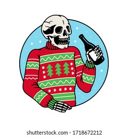 UGLY SWEATER PARTY SKELETON WITH BOTTLE COLOR WHITE BACKGROUND