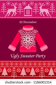 Ugly Sweater Party. Template for Christmas cards, invitations, banners and posters. Pink.