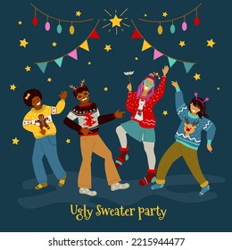 Ugly sweater party. Young people in Christmas sweaters are dancing.