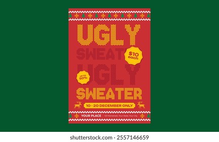 Ugly Sweater Sale Flyer. greeting card, poster, holiday cover, banner, flyer. Modern flat vector illustration.