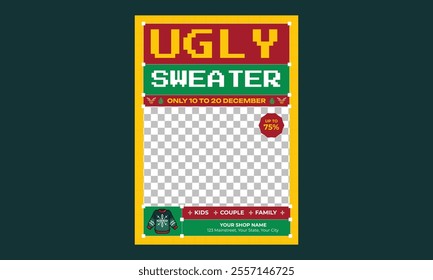 Ugly Sweater Sale Flyer. greeting card, poster, holiday cover, banner, flyer. Modern flat vector illustration.