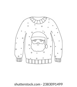 Ugly sweater with Santa, pulower, jumper. Winter basic essentials. Cozy clothing. Line art. Linear drawing. Doodle, icon. Christmas time holidays.