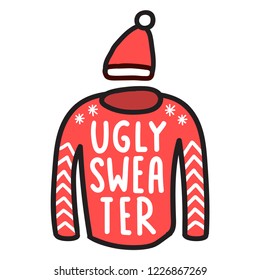 Ugly sweater with santa's hat. Hand drawn vector lettering icon illustration for greeting card, stickers, posters design.	