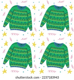 Ugly sweater seamless pattern with green christmas tree background. Hand drawn vector wallpaper and Christmas paper design