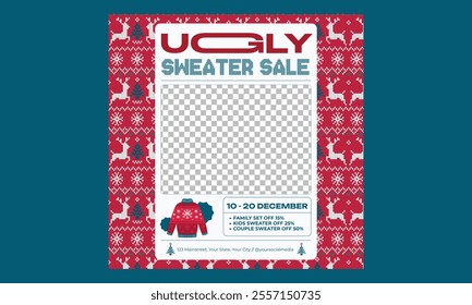 Ugly Sweater Socials Media. greeting card, poster, holiday cover, banner, flyer. Modern flat vector illustration. Corporate Holiday card and invitation. 